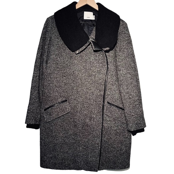 VINCE Black White Tweed Shawl Collar Asymmetric Zip Coat Ribbed Leather Size S - Picture 2 of 15